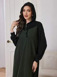 Mulvari Women Casual Contrast Color Half Zip Up Drawstring Hooded Sweatshirt Dress Pullover Fall Outfit - Black - View 2