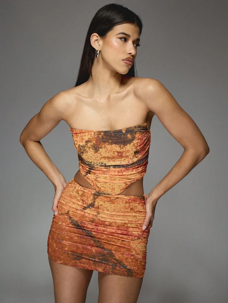 MISSGUIDED Marble Print Mesh Corset Bandeau Top And Ruched Bodycon Mini Skirt Two Piece Co Ord Set - Multicolor - View 1