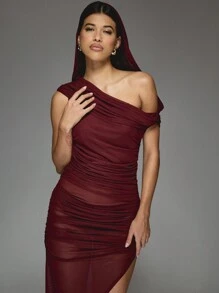 MISSGUIDED Asymmetric Mesh Off Shoulder Hooded Ruched Extreme Side Slit Bodycon Maxi Dress