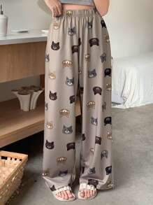 DAZY 可爱卡通猫咪印花宽松睡裤，秋冬款 - 卡其色 - 查看 5