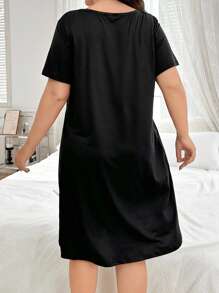 Plus Size Simple Heart Print Round Neck Short Sleeve Nightdress, Moo Moo Sleep Dress - Black - View 2