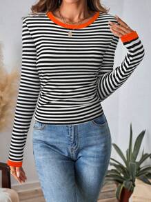 SHEIN LUNE Camiseta de manga larga con cuello redondo, estilo casual a rayas y color contrastante, atuendo básico de otoño/invierno para mujer