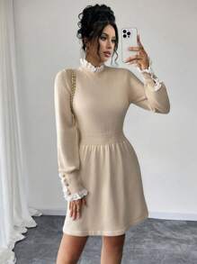 SHEIN Clasi Apricot Floral Embroidery Round Neck Long Sleeve Dress Fall Cloth For Women