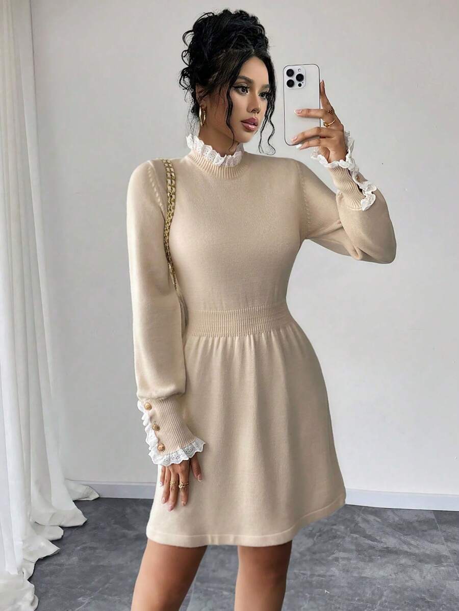 SHEIN Clasi Apricot Floral Embroidery Round Neck Long Sleeve Dress Fall Cloth For Women
