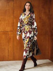 MOTF PREMIUM ALLOVER PRINT FRILL NOTCH NECK FLARE SLEEVE BELTED DRESS - Multicolor - View 5
