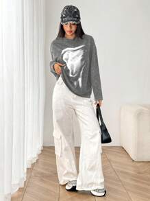 SHEIN EZwear Stir-Fried Acid-Washed Women's Long Sleeve Round Neck T-Shirt