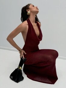 Aloruh 女士勃艮第红色优雅性感派对礼服，金属线垂领低胸修身美人鱼下摆礼服，适合新年 - 酒紅色 - 查看 1