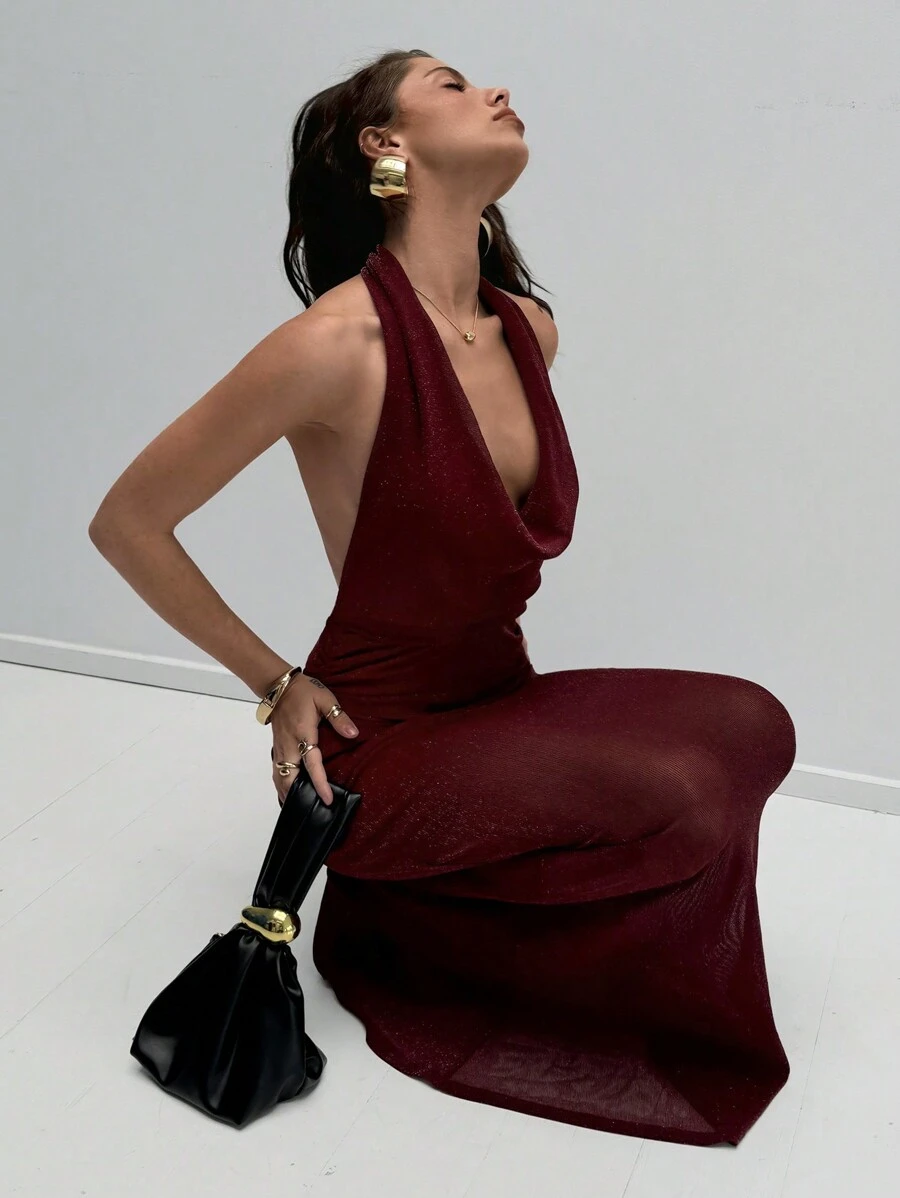 Aloruh 女士勃艮第红色优雅性感派对礼服，金属线垂领低胸修身美人鱼下摆礼服，适合新年 - 酒紅色 - 查看 1