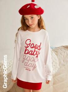 Tween Girl Casual Letter Print Long Sleeve T-Shirt - Beige - View 3