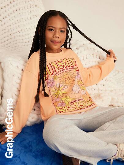 2 件套青少年女孩休闲套装：字母和太阳脸印花长袖运动衫和裤子，秋季