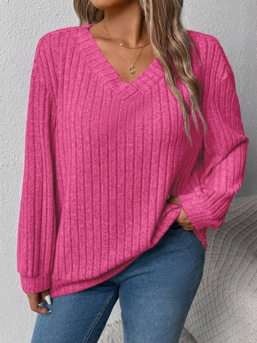 Plus Size Women Loose Fit V-Neck Ribbed Casual Pullover Sweatshirt For Autumn/Winter ,Graduation, Teachers For Women, Back To School Fall