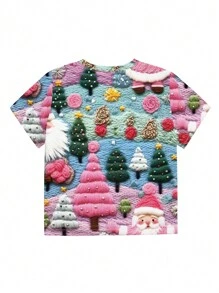 INAWLY 夏季圣诞圣诞老人和圣诞树全印花休闲圆领短袖女式 T 恤上衣图案 T 恤女式上衣 - 彩色 - 查看 2