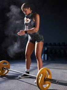 Powerista Allover Print Drawstring Waist Tight Fit Stretchy Waistline Summer Sports Shorts - Black - View 2