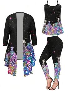 SHEIN LUNE Christmas Plus Size 3pcs/Set Fantasy Christmas Tree Print Casual Outfit