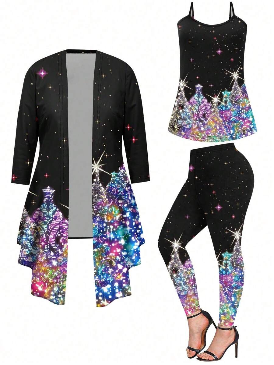 SHEIN LUNE Christmas Plus Size 3pcs/Set Fantasy Christmas Tree Print Casual Outfit