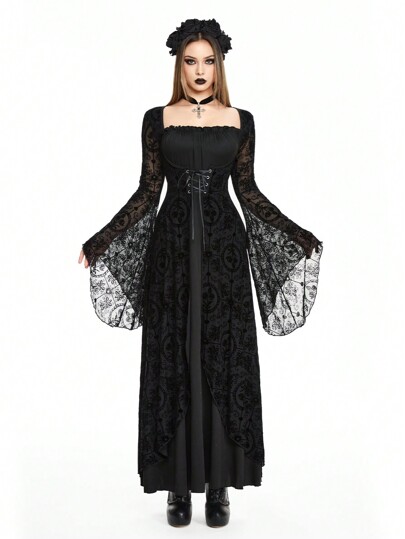Halloween Gothic Flocked Cross & Floral Print Mesh Contrast Lace-Up Waisted Dress For Women