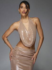 MISSGUIDED Y2K Futuristic Sequin Cowl Halter Neck Top And Ruched Waist Flare Hem Maxi Skirt Two Piece Co-Ord Set - Brown - View 3