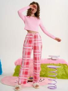 Chillnights Conjunto de pijama casual de mujer con estampado de cuadros