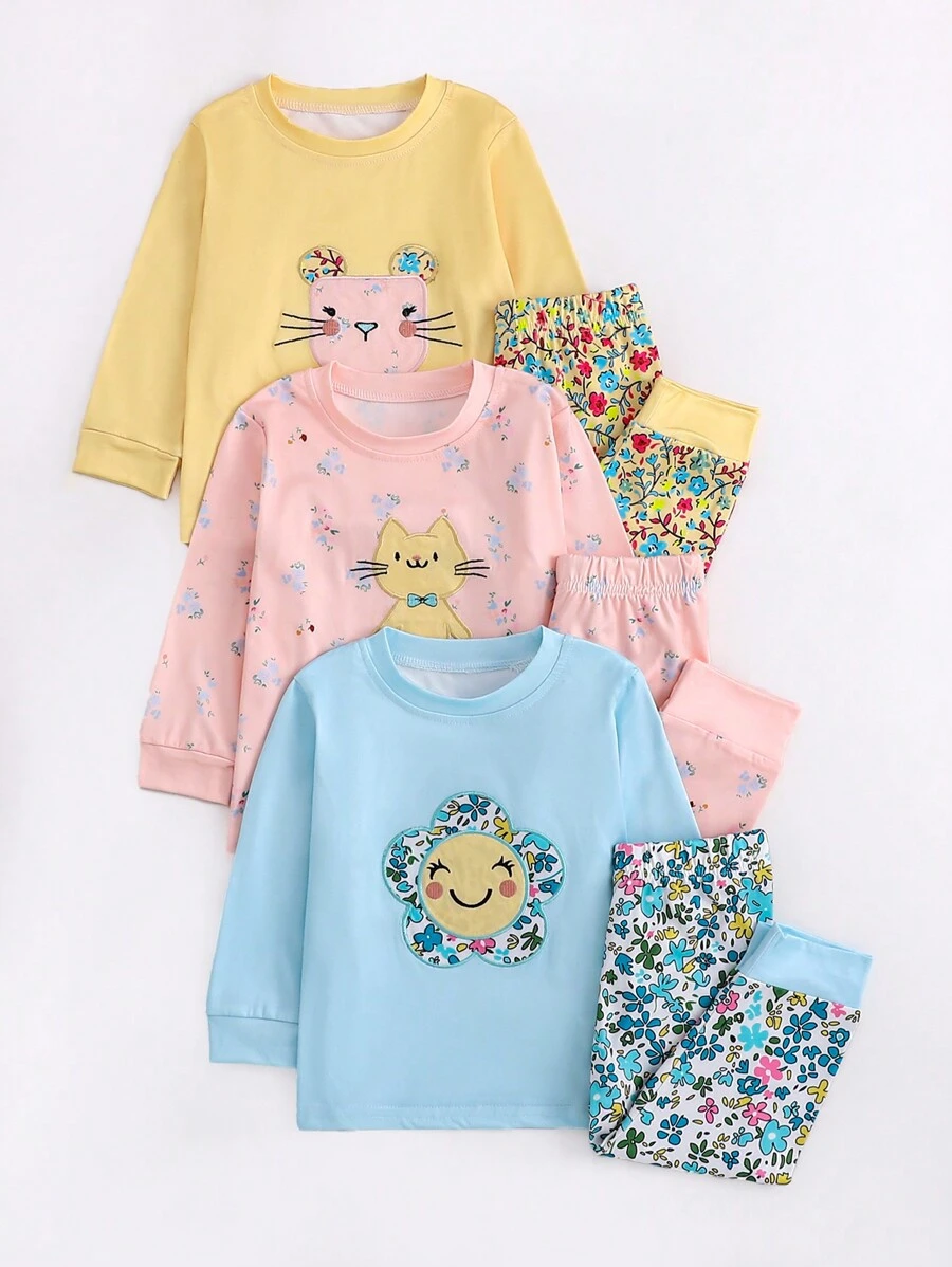 SHEIN 3 件套女孩可爱动物印花服装，时尚春秋 - 彩色 - 查看 1