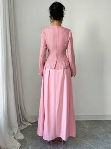 Elenzga Women's Tweed Lapel Collar Long Sleeve Elegant Blazer Jacket + White Skirt Suit, Spring/Autumn Fall Cloth For Women - Pink - View 2