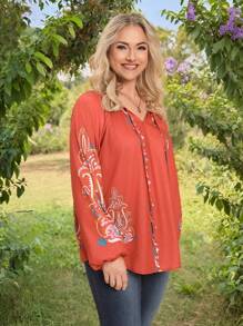 SHEIN LUNE 加大码保暖个性花卉仿刺绣长袖衬衫，正面带锁孔，适合节日装 - 彩色 - 查看 4