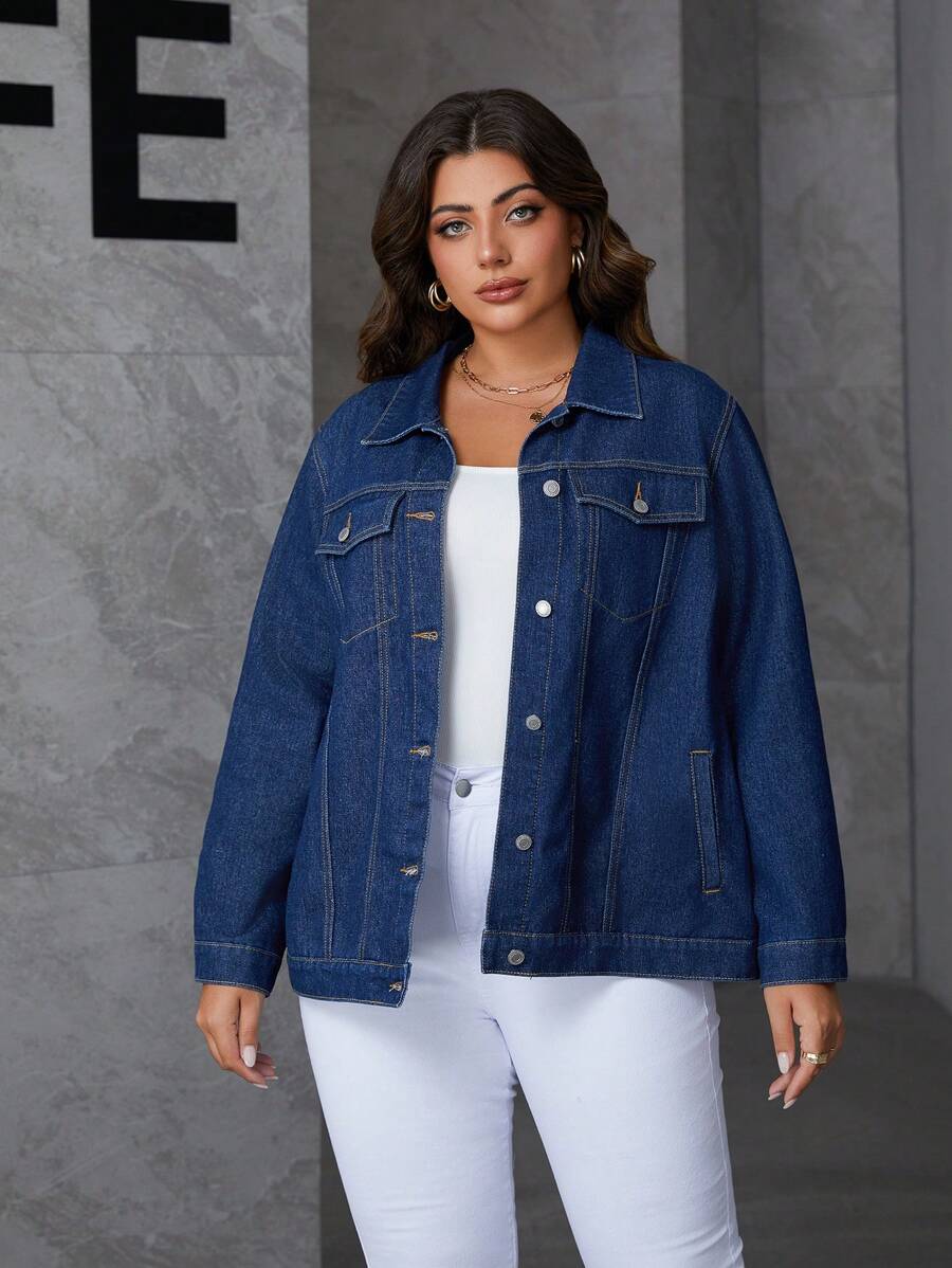 SHEIN Essnce Áo khoác denim dài tay dáng rộng, màu trơn, cài cúc phía trước, có túi, phong cách thường ngày, thích hợp cho dịp Giáng sinh và Lễ Tạ ơn. - Màu xanh lam - Xem 1