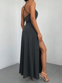 Draped Collar Split Thigh Cami Dress - Black - View 2