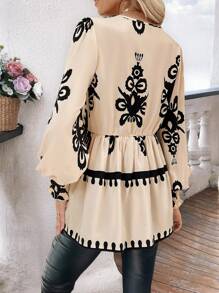 Chiquease Áo sơ mi dài tay in họa tiết lấy cảm hứng từ kỳ nghỉ dành cho nữ Áo peplum - Màu be - Xem 2