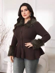 Mulvari Plus Size Casual Fuzzy Patchwork Tie-Front Cardigan, Autumn/Winter - Rust Brown - View 1