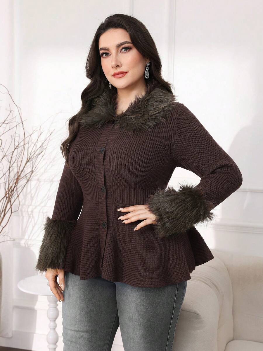 Mulvari Plus Size Casual Fuzzy Patchwork Tie-Front Cardigan, Autumn/Winter - Rust Brown - View 1