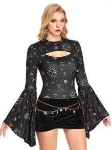 ROMWE Hippie Women's Hippie Flare Sleeve Hollow Velvet T-Shirt