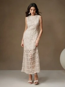 Anewsta Váy dài chất liệu khoét rỗng tối giản phong cách Pháp dành cho nữ, mùa thu/đông - Màu be - Xem 5