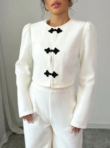 Chiquease 优雅纯色纽扣泡泡袖短款夹克，秋季