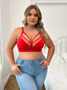 Plus Mesh Insert Cut Out Underwire Bra - Red - View 5