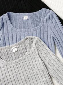 SHEIN Leap Crew 3pcs/Set Tween Girls' Solid Color Square Neck Fitted Casual Long Sleeve Tops - Baby Blue - View 5