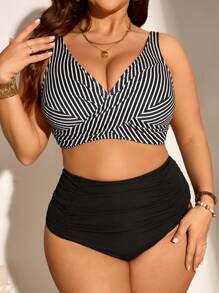 Swim Lushoire 大码女式条纹交叉胸围无线休闲比基尼两件套泳衣夏季