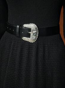 MOTF PREMIUM SOLID HIGH NECK FLARE HEM SWEATER DRESS WITH BUCKLE BELT