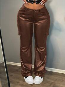 Slaydiva Nuevo esencial para fiestas de San Valentín, Navidad y Año Nuevo - Pantalones de carga de unicolor de piel sintética elástica y de cintura alta, versátiles y sexys para mujeres - Marrón - Ver 2