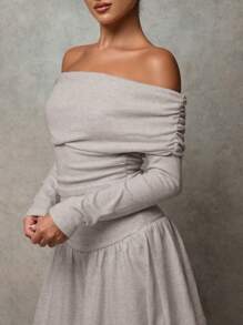SHEIN BAE Women's Solid Color Off-Shoulder Ruffle Pleated Elegant Long Sleeve Dress Hollowed Costumes Thanksgiving Women Outfit White Women Dresses Business Casual Women Winter Women Dress Elegant Dress Christmas Women Dress Fall Women Clothes Dress Fall Women Outfits Christmas Women Clothes Homecoming Winter Skin-Friendly, Soft And Warm Cashmere Fabric Off-The-Shoulder Dress - Brown - View 3