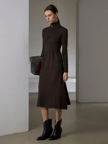 SHEIN Privé 法式百搭简约拉链高领收腰修身长袖女式长款毛衣连衣裙，适合冬季 - 深灰色 - 查看 1