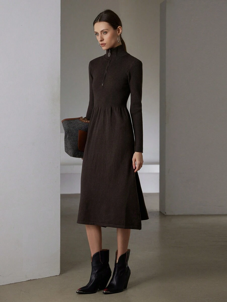 SHEIN Privé 法式百搭简约拉链高领收腰修身长袖女式长款毛衣连衣裙，适合冬季 - 深灰色 - 查看 1