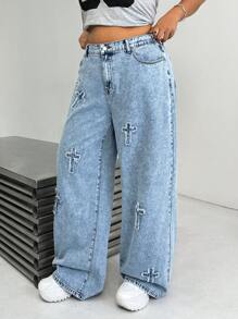 SHEIN EZwear Jeans en denim bleu à jambe droite ample et décontractée grande taille