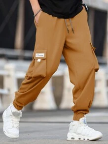 Manfinity Hypemode Loose Fit Men Plus Size Letter Patched Flap Pocket Side Drawstring Waist Cargo Pants, Fall - Khaki - View 3