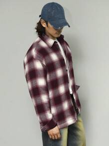 DAZY Men's Plaid Pattern Print Pocket Patched Casual Long Sleeve Shirt,Fall Clothes