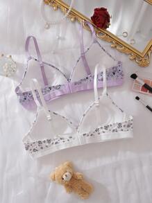 2pcs Teen Girls Cute Cat Print Patchwork Cup Teen Girls Underwear Set