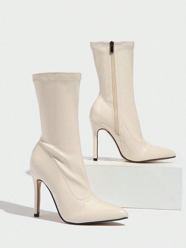 CUCCOO SZL Botas de tobillo cortas para mujer con punta fina y tacón alto, diseño elegante brillante con cremallera elástica en el lateral, para la vibra navideña y de Año Nuevo en otoño e invierno