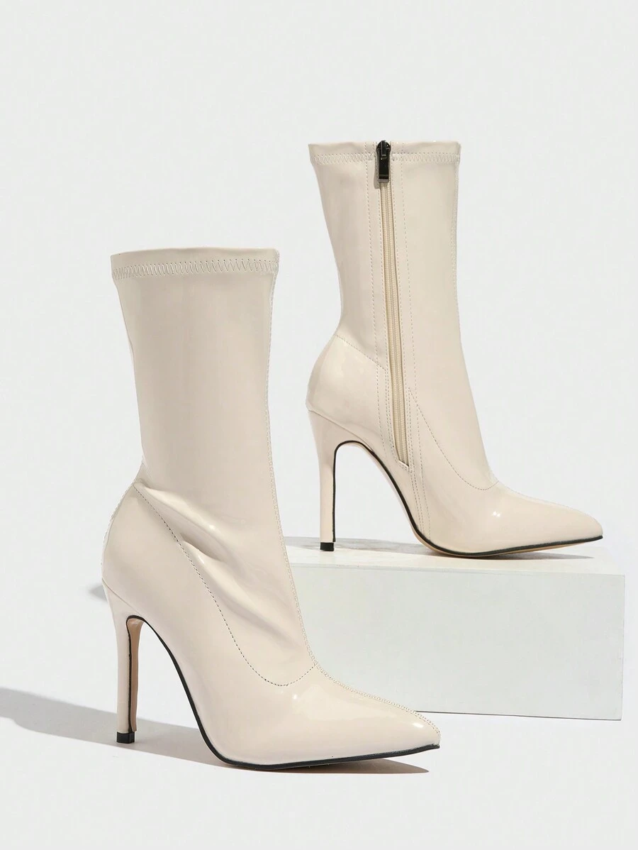 CUCCOO SZL Botas de tobillo cortas para mujer con diseño elegante, punta afilada, tacón alto, cremallera elástica lateral y cuero sintético brillante, para primavera y Pascua