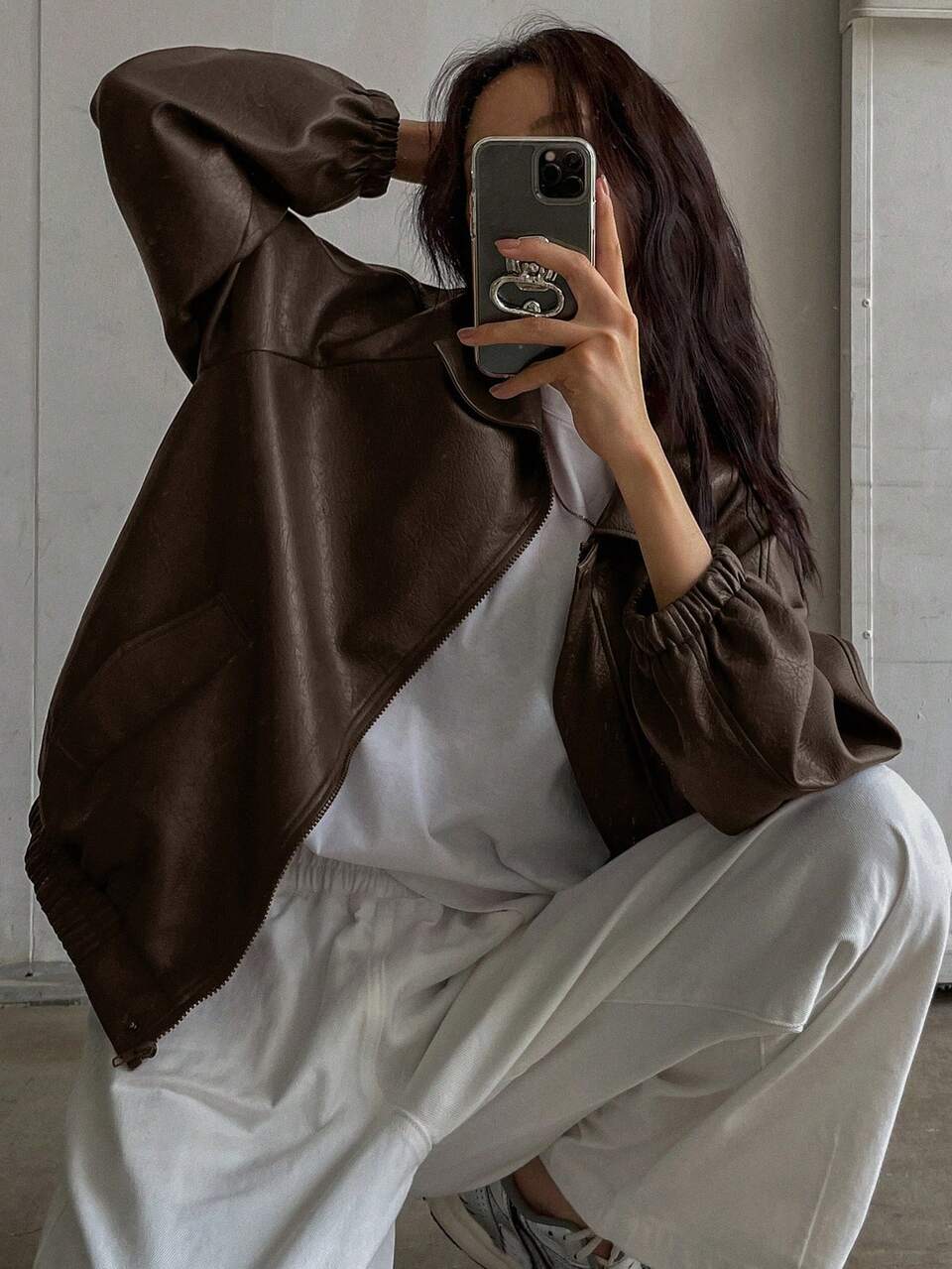Women Solid Color Raglan Sleeve Zip-Up Collar Loose Casual PU Jacket For Autumn,Fall Women Clothes Leather Jacket