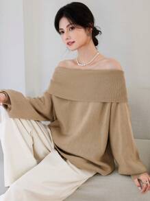 DAZY Oversize Off-Shoulder Knitted Sweater Top, Unique Design Long Sleeve Casual Pullover For Women Off Shoulder Sweater,Fall Clothes - Camel - View 7