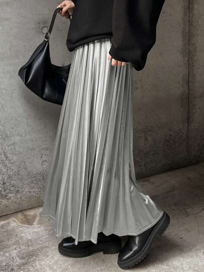 FRIFUL 女士时尚金属褶皱长款休闲半身裙